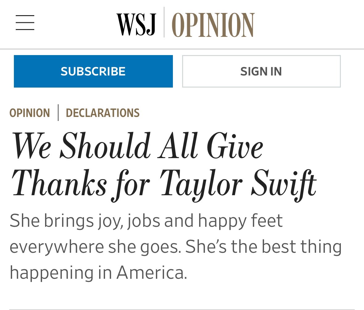 «Porta gioia, crea lavoro e voglia di ballare ovunque vada. È la cosa più bella che ci sia accaduta in America», già 3 settimane fa Wall Street Journal dava la sua “benedizione” su #TaylorSwift personaggio dell’anno 2023. #TimeMagazine @RSIInfo_