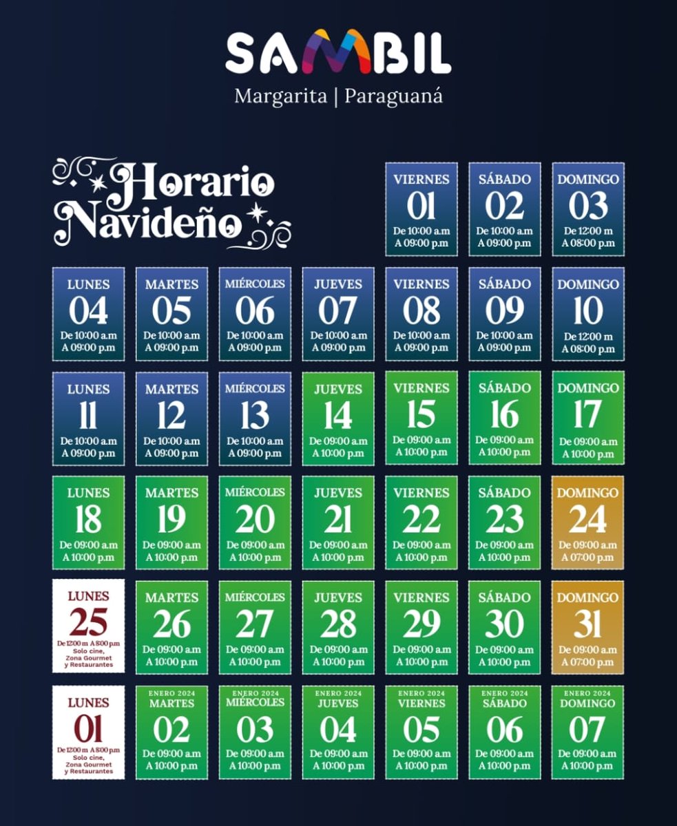 #NavidadaSambil 🎄
Te dejamos nuestro horario navideño, para que planifiques tus compras 🛍
¡Déjate sorprender en Sambil!

#6Diciembre 
#PuntoFijo 
#Sambil