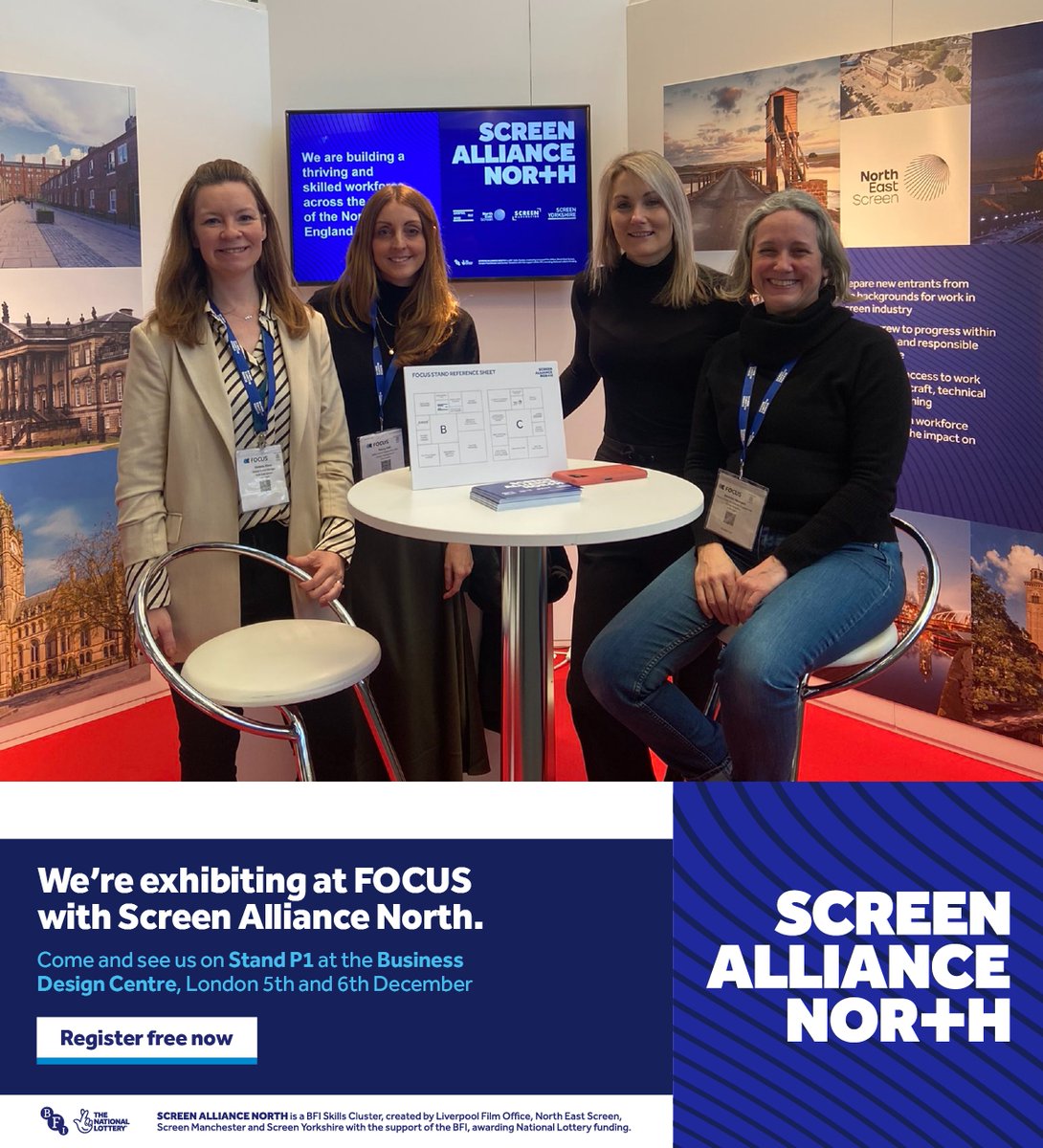 screenyorkshire's tweet photo. ⏰Join us for drinks at 2.30pm to hear about our aims for better working practices in the industry with Coalition for Change❤️#FOCUS23
Screen Alliance North is a skills partnership between @FilmLiverpool @nescreen_ @Screen_Mcr & @screenyorkshire supported by @BFI #NationalLottery https://t.co/fM1xeEKvxM
