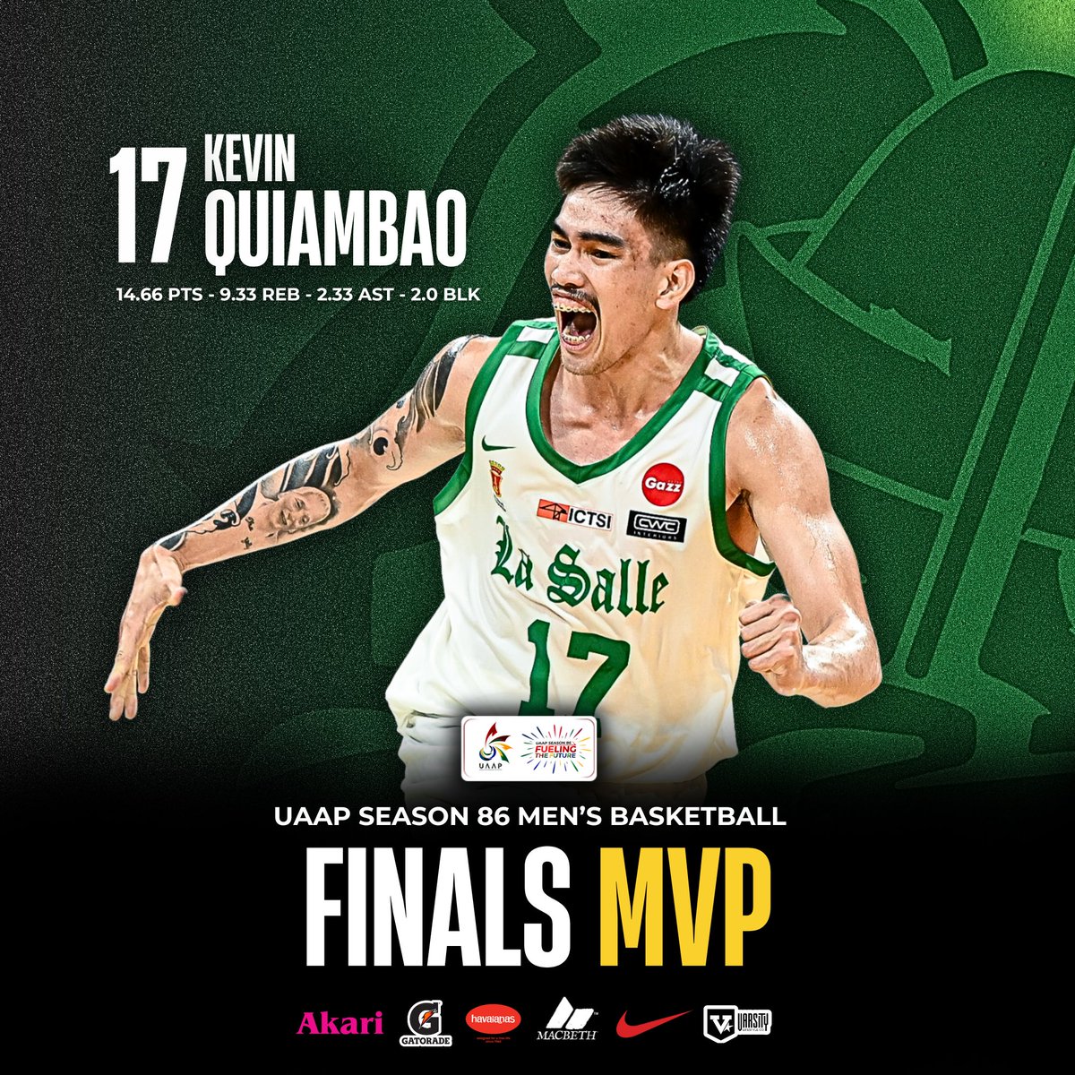 DLSU's Kevin Quiambao is the Finals MVP of the #UAAPSeason86 Men’s Basketball Tournament! 🏹🏆 #FuelingTheFuture