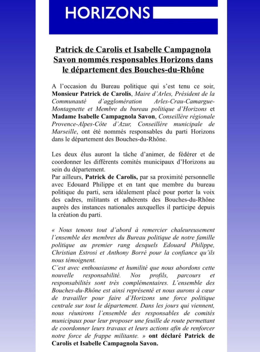 Très heureux et fier d’avoir été nommé responsable <a href="/HorizonsLeParti/">Horizons</a>, avec mon amie <a href="/isasavon/">isabelle Campagnola Savon</a>.
C’est avec enthousiasme et humilité que nous abordons cette nouvelle responsabilité.
Je remercie <a href="/EPhilippe_LH/">Edouard Philippe</a> pour sa confiance. Tout comme celle de <a href="/cestrosi/">Christian Estrosi</a> et <a href="/anthony_borre/">Anthony Borré</a>.