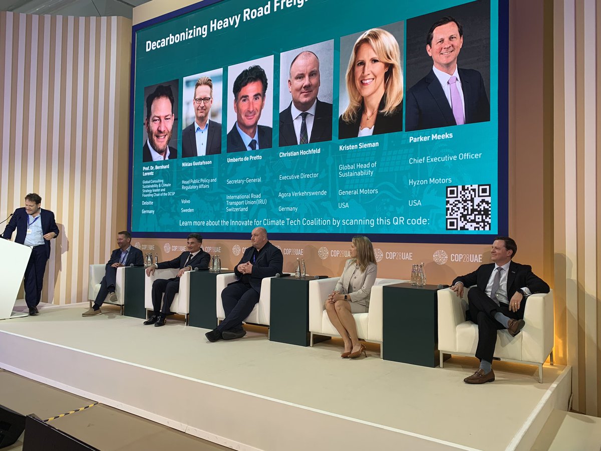On the <a href="/COP28_UAE/">COP28 UAE</a> Tech &amp; #Innovation stage <a href="/Deloitte/">Deloitte</a> is exploring #decarbonization of heavy road transport. With <a href="/volvocars/">Volvo Cars</a> <a href="/GM/">General Motors</a> @hyzonmotors <a href="/the_IRU/">IRU</a> <a href="/agoraverkehr/">Agora Verkehrswende</a> leaders are highlighting how to collaborate on solutions as #road #transport delivers  #SustainableDevelopment