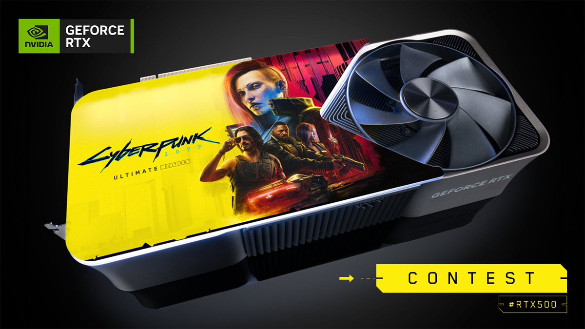 🥳 Let's celebrate the Ultimate Edition release and #RTX500 with @NVIDIAGeForce!

On this occasion we have a one-of-a-kind Cyberpunk 2077: Ultimate Edition-themed GeForce RTX 4090 to give away!

🟢 Want it? Comment this post with your idea for the name of a gig in which V must