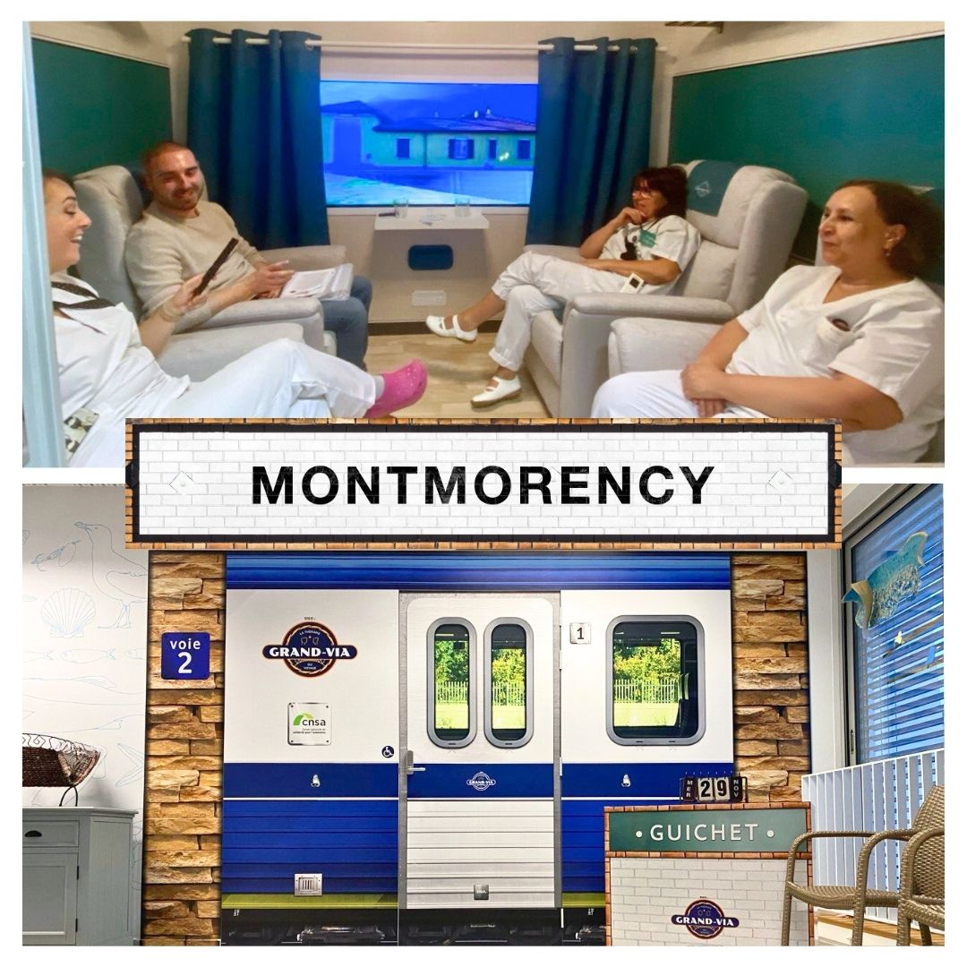 🚆 Arrivée du train #GrandVia à Montmorency ! Depuis la semaine dernière, l’établissement “Les Coteaux” de l’Hôpital de Montmorency utilise le wagon Grand-Via pour des voyages fictifs aux vrais bienfaits. Merci à la CNSA pour leur soutien à la thérapie du voyage. #Alzheimer