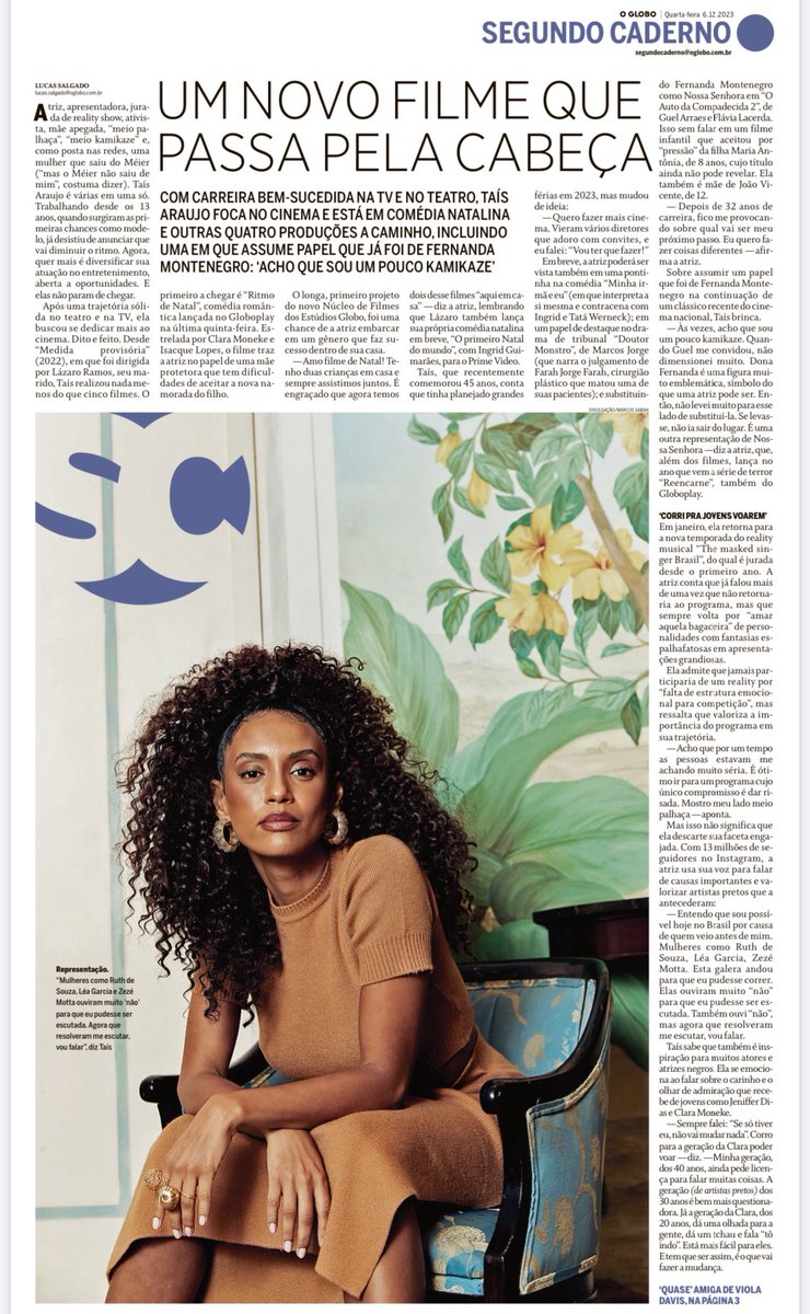 Não desista, sonhe, trabalhe, se dedique e insista! Hoje estou na capa do Segundo Caderno, do Jornal O Globo falando sobre trabalho para o querido @lucaspsalgado. Meu futuro tem diversos projetos e muito cinema logo agora que acabo de estrear meu décimo filme: ‘Ritmo de Natal’,