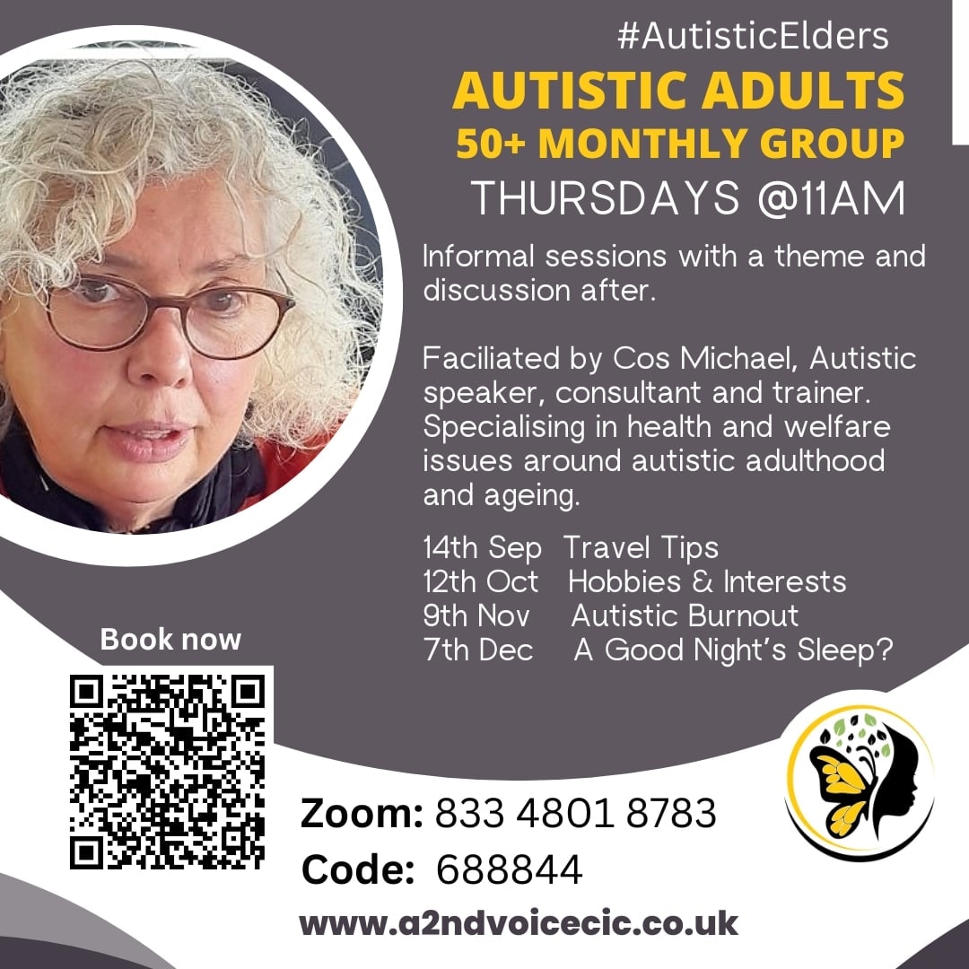 Join us to
Dec, 11 to Noon

Autistic Adults 50+
A Good Night's Sleep? with Cos Michael @autismage 

REGISTER NOW.... its not recorded 

us02web.zoom.us/meeting/regist…

#autisticelders #autistic