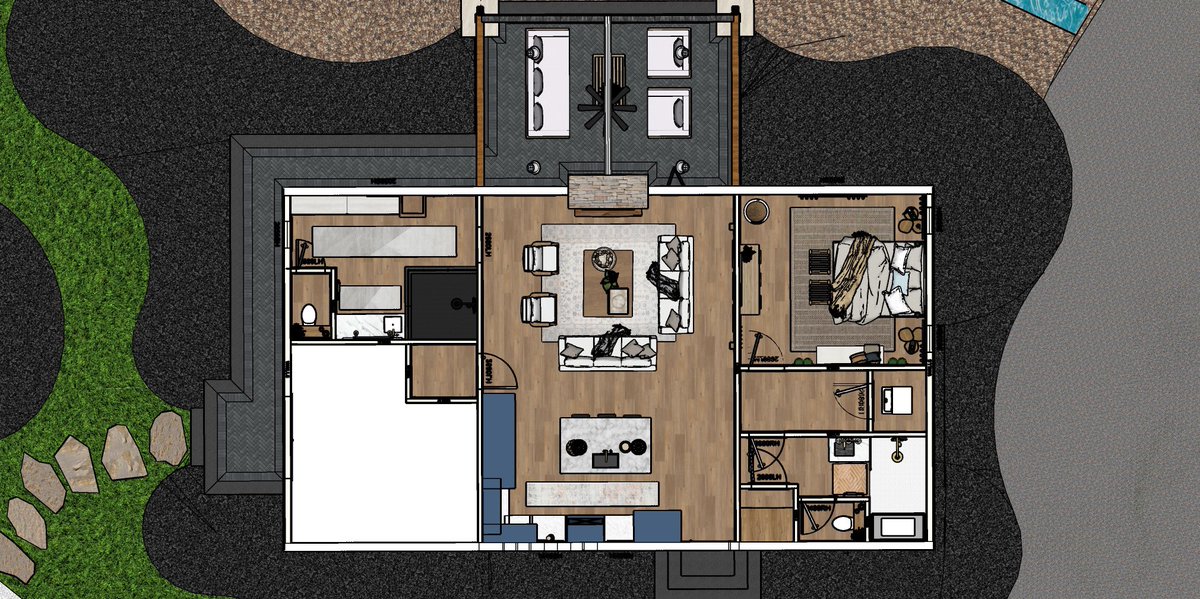 PrecisionOut's tweet photo. We love pool houses but this is an actual 2 story house that we will be building over this winter. Love how it seamlessly integrates into our project!

#SketchUp #lumion #LandscapeDesign #ExteriorDesign https://t.co/Bf6maTMqyr