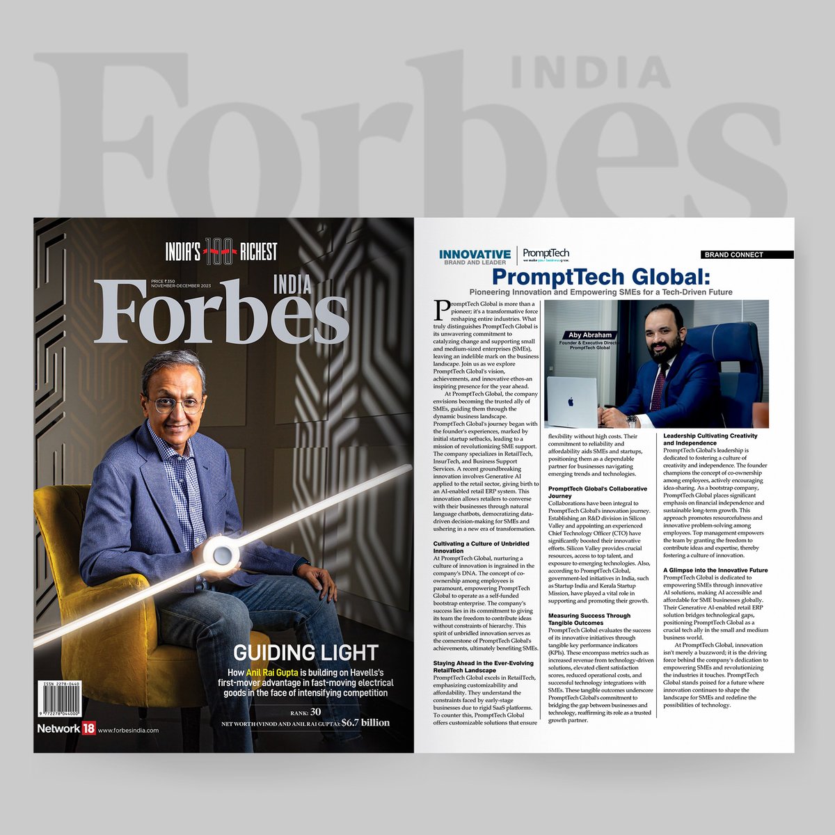 PrompttechS's tweet photo. We are delighted to share that PromptTech has been featured in @ForbesIndia  as part of the Most Innovative Brand and Leader 2023 series. Dive into the featured article and discover how PromptTech Global is pioneering innovation and empowering SMEs for a tech-driven future. https://t.co/ZTQjYlIHI5