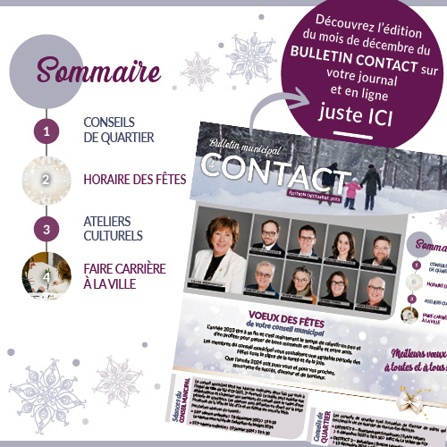 BULLETIN #MUNICIPAL – Votre 𝗖𝗼𝗻𝘁𝗮𝗰𝘁 de décembre est maintenant en ligne : brnw.ch/21wF4F3. Au menu : Conseils de quartier - Horaire des Fêtes - Ateliers culturels- Faire #carrière à la #Ville. Bonne lecture! #valdor