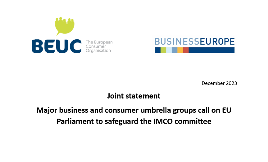 📢 #BusinessEurope & @beuc express our grave concerns about a possible dissolvement of @EP_SingleMarket committee in the context of a debated @Europarl_EN committee reform. As major business and consumer umbrella groups we call for a strongly mandated #IMCO in next legislature
