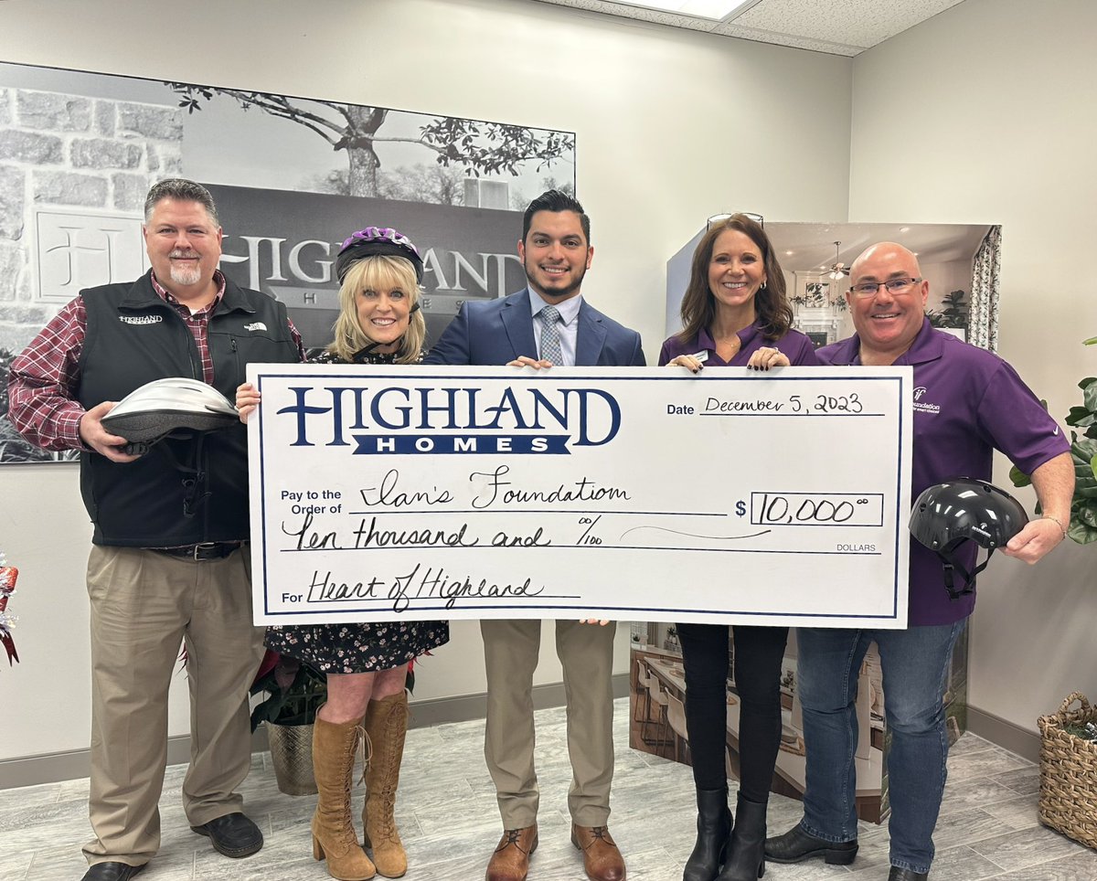 THANK YOU to the team at Highland Homes for the generous $10,000 donation to Ian's Foundation! We’re honored to be chosen for their “Heart of Highland” program where we’re recipients of a generous monetary donation as well as volunteer efforts by their team @highlandhomes_satx
