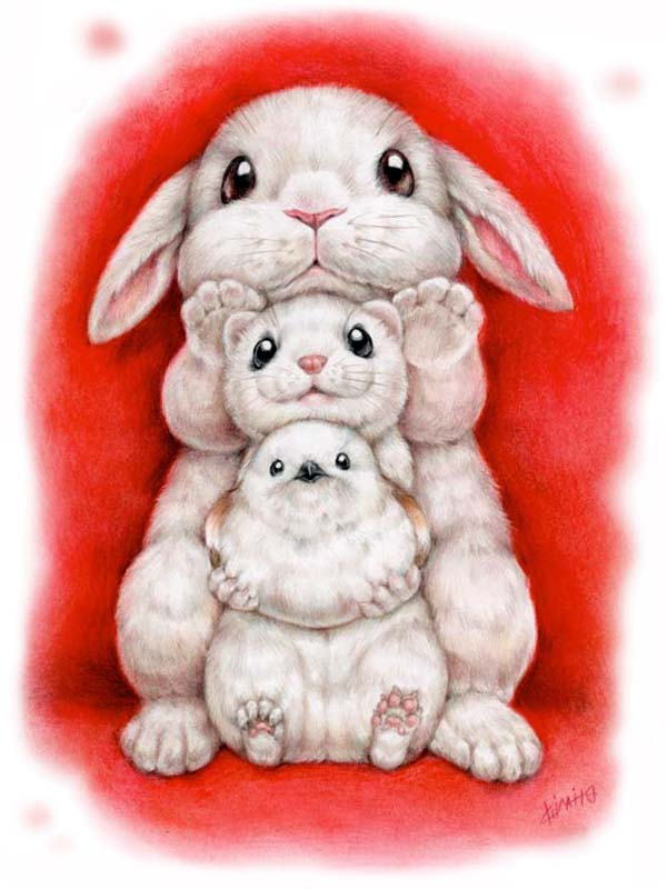 no humans rabbit flower bow white background sitting traditional media  illustration images