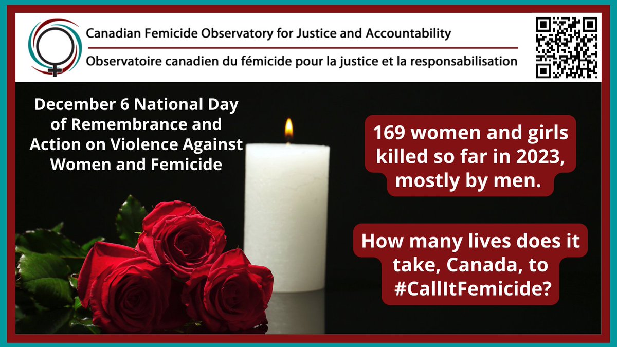 On #Dec6, with the rest of #Canada, we remember the 14 women's lives lost in 1989. #MontrealMassacre And we remember the 1,000s of women and girls lost since and who we continue to lose, including the 169 women and girls in 2023 so far. #CallItFemicide