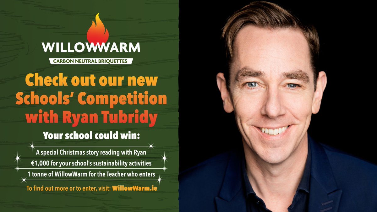 willowwarmirl's tweet photo. Have you entered our Schools’ Competition with Ryan Tubridy? #ReadWithRyan
Fantastic prizes to be won: Ryan reading a Christmas story to your class, €1,000 towards sustainability activities, & 1 tonne of #WillowWarm #Briquettes for the teacher.
https://t.co/mtJrJXwhbR https://t.co/05sd2FZ33X