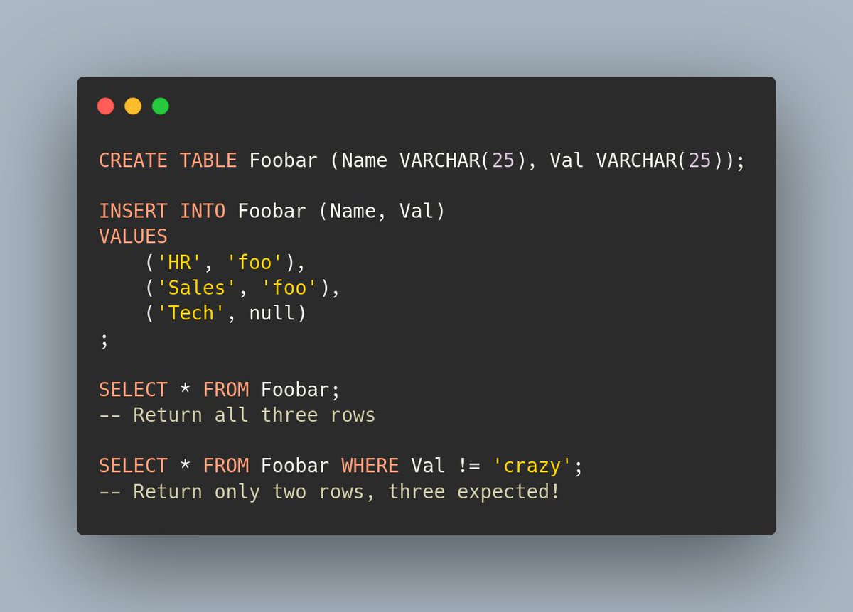 TIL: In SQL, looking for "all rows without a specific value" will not include rows containing NULL 😳

I've been using databases for 15 years and discovered this the hard way yesterday with <a href="/MarionHerisson/">Marion Hurteau</a>

That's really unexpected behavior on all engines: #mysql, #postgresql...