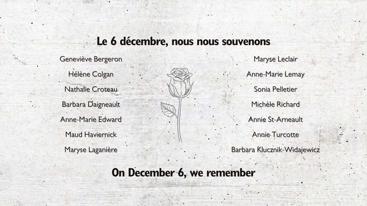 Concordia's tweet image. Le 6 décembre 1989, nous nous en souviendrons.
December 6, 1989: We will always remember.

🌹🌹🌹🌹🌹🌹🌹🌹🌹🌹🌹🌹🌹🌹

#polytechnique #WeRemember #jemesouviens 
@GinaCodySchool @polymtl