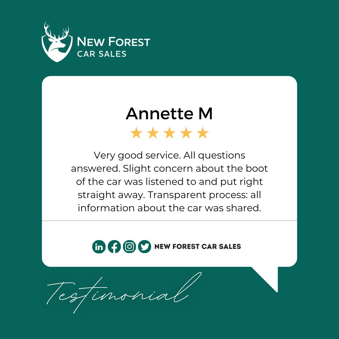 At New Forest Car Sales, we prioritize exceptional service experiences and transparency. Annette M's positive feedback reflects our commitment. Thanks for choosing us! Visit today for a customer-focused car-buying experience.

#NewForestCarSales #CustomerExperience #HappyDriving