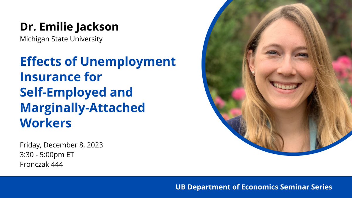 Join us for our final seminar of the #Fall2023 semester this Friday (Dec 8), during which Dr. Emilie Jackson (<a href="/MSUEconomics/">MSU Economics</a>) will discuss the impacts of temporary unemployment benefits during COVID on gig workers!

More info: arts-sciences.buffalo.edu/economics/news…

#UBuffalo <a href="/UBCAS/">Arts and Sciences | University at Buffalo</a>