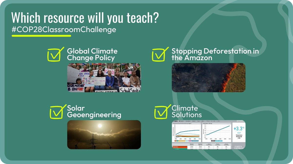 Calling all 9th-12th grade educators!🌿🌐 From mock UN Climate Conferences to solar geoengineering debates, we've got you all covered with our Teacher Guide. 🤝 @CFR_Education & @TakeActionEdu Also join the global #COP28ClassroomChallenge ! 📖🌿 Link: bit.ly/3QtsOBk