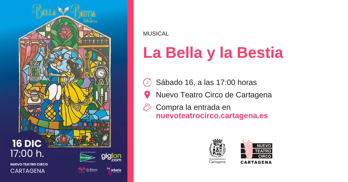 🎶 El musical de La Bella y la bestia llega a #Cartagena de la mano de <a href="/labarbariemusic/">La Barbarie Teatro Musical</a>. Una historia sobre la belleza interior de las personas, que demuestra que el amor lo puede todo.

🗓️ Sábado, 16 de diciembre.
⏰ 17:00 horas.

Entradas en nuevoteatrocirco.cartagena.es