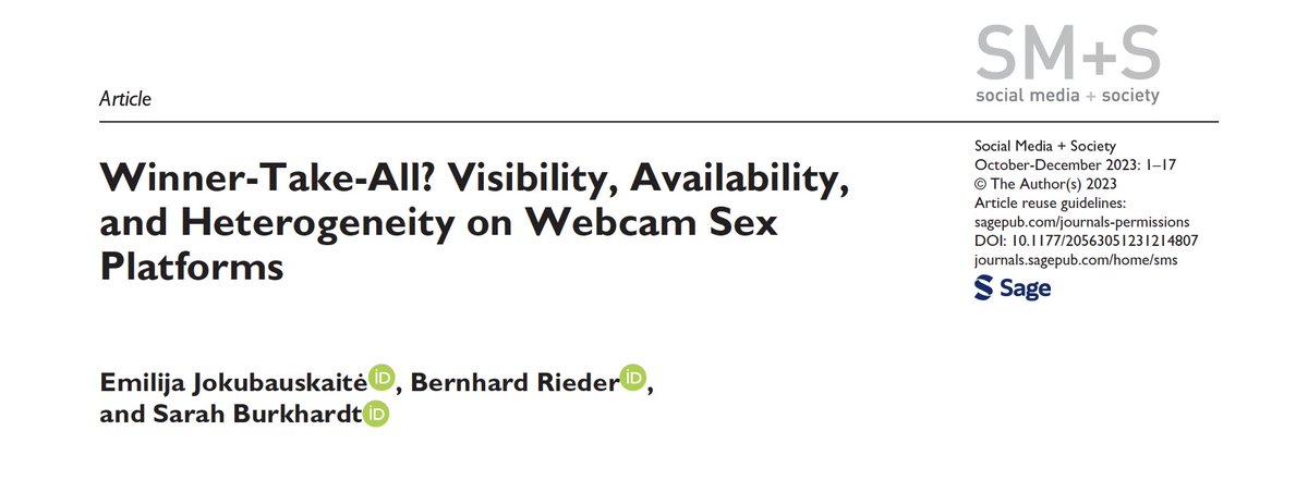 💥the first paper out of my phd and my first ever first-author paper is out💥 together with @RiederB & @SBrkhrdt we compare 5 webcam platforms by looking at performer ranking, viewership, and labor practices journals.sagepub.com/doi/10.1177/20…