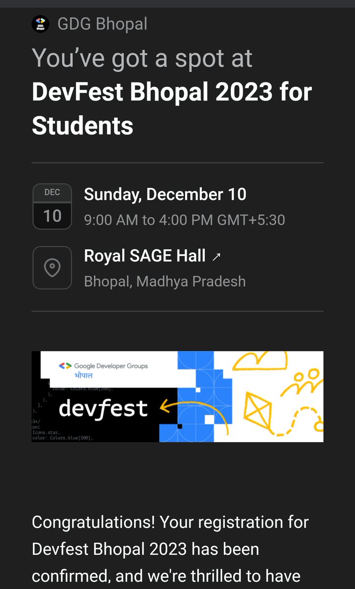 Yay🥳!!! Approved ✅
Counting down the days to #DevFestBhopal  @BhopalCoders #DevFest2023 🚀 Excitement building as we anticipate incredible tech talks, networking, and the vibrant DevFest community. See you there!  ✨ #community