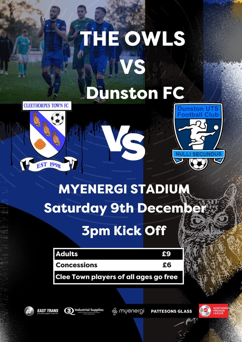 Next up for the Owls the visit of @DunstonUTSFC at the @myenergiuk Make sure your there and getting right behind the lads - your support has been tremendous so far this season! #StrongerTogether #Cleethorpes