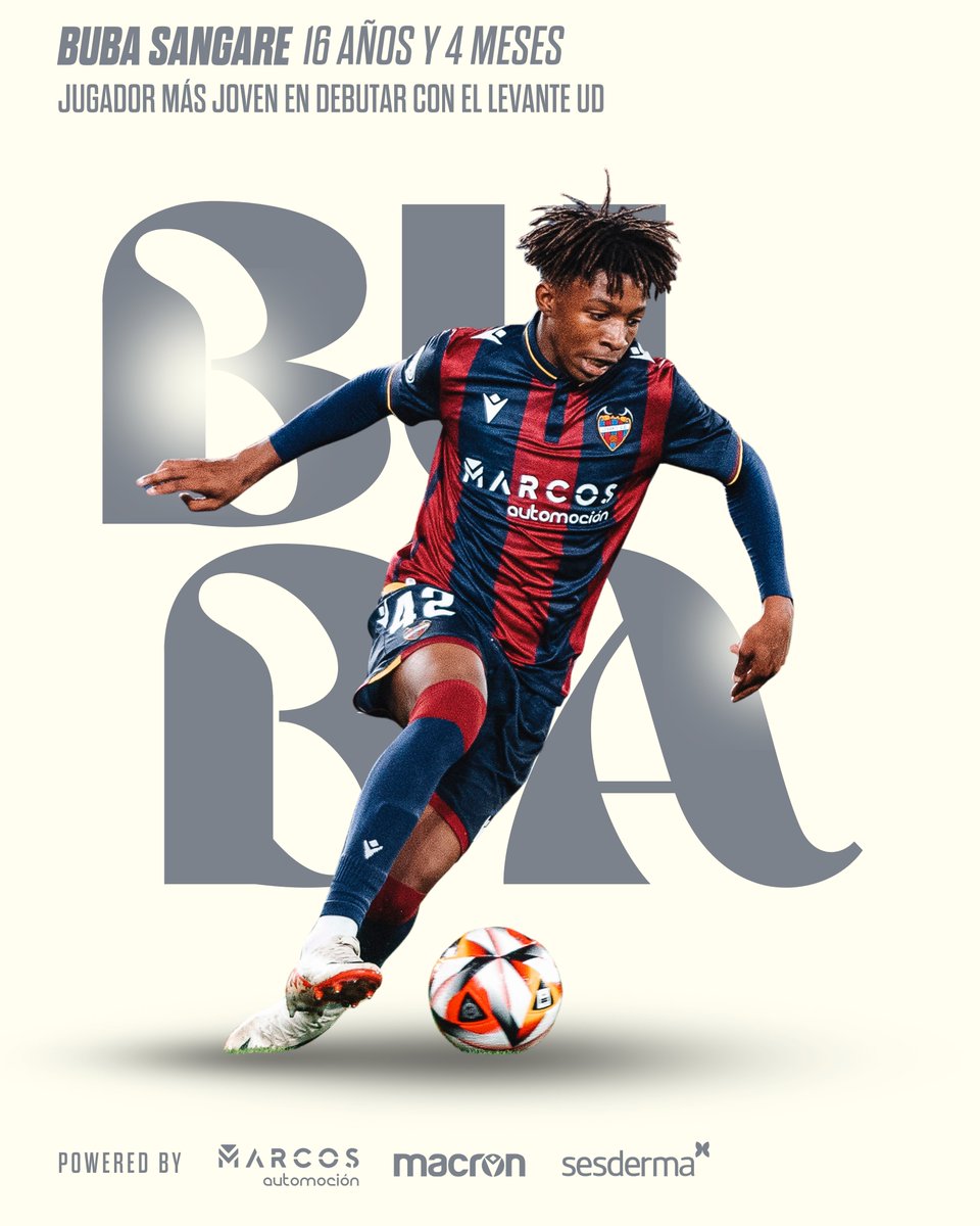 𝑩𝒖𝒃𝒂 𝑺𝒂𝒏𝒈𝒂𝒓𝒆, 16 años y 4 meses.

Jugador más joven en debutar en la historia del #LevanteUD 💙❤️

#OrgullGranota 🐸