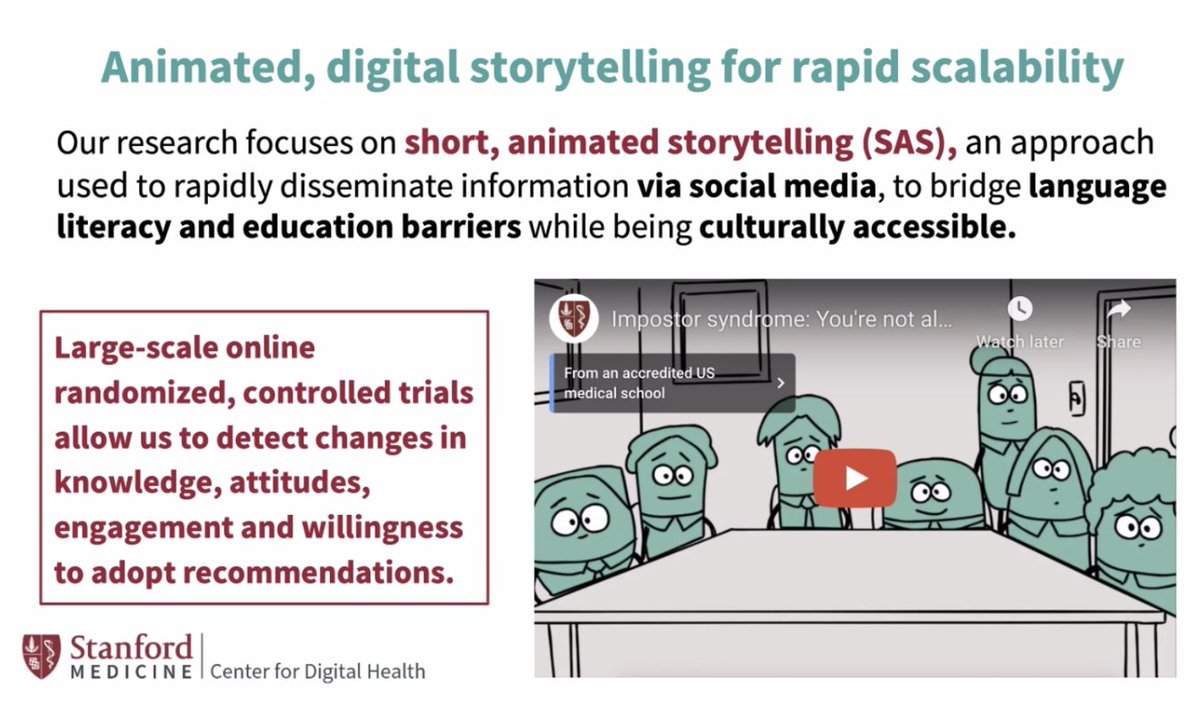 Fantastic #StanfordAIHealth talk by @DrMayaAdam on 'Revolutionizing Clinical Care'! 👏

Thank you for teaching us about the concept of 'Short, Animated Storytelling' as a game-changer to break language & education barriers for rapid scalability in healthcare info dissemination.