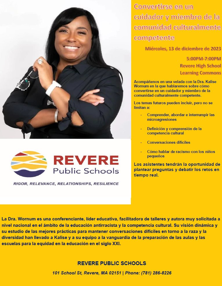 RPSCommunicates's tweet photo. Join us on Dec. 13 as we welcome @KWDiversityInc and discuss becoming a culturally proficient caregiver and community member.

@RPS_Whelan @RPS_Lincoln @BeachmontSchool @CityLabRevere @GES_Revere @GMSRevere @Innovation395 @RumneyHawks @Hill_School @RPS_SBA @RPS_Super @lourenco962 https://t.co/KUs8KMnaAO
