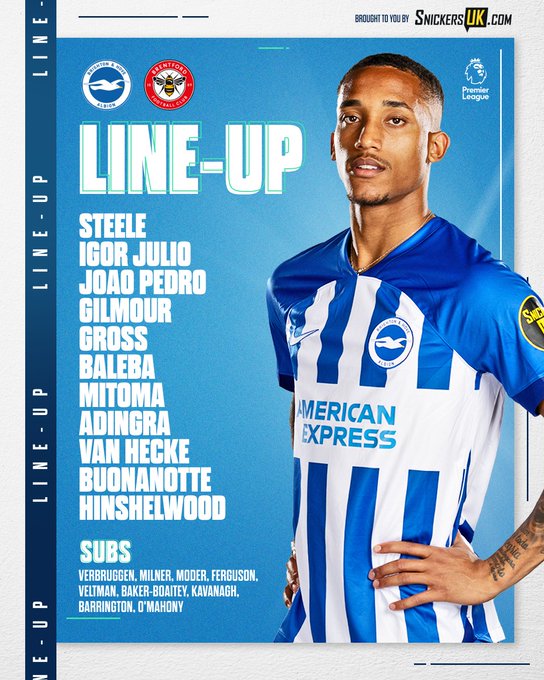 Albion's team graphic for tonight's match against Brentford, featuring an image of Joao Pedro in our home kit:Steele, Igor Julio, Joao Pedro, Gilmour, Gross, Baleba, Mitoma, Adingra, van Hecke, Buonanotte, Hinshelwood. Subs: Verbruggen, Milner, Moder, Ferguson, Veltman, Baker-Boaitey, Kavanagh, Barrington, O'Mahony. Come on Albion!