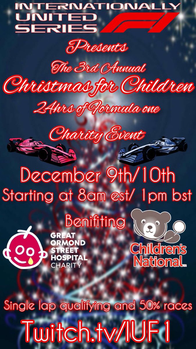 🎄We’ll be supporting <a href="/7GRacing/">Seventh Gear Racing (7GR)</a> in the IUF1 Christmas for Children event this Saturday! 🎄 

All donations going to <a href="/GreatOrmondSt/">Great Ormond Street Hospital for Children</a> &amp; <a href="/ChildrensNatl/">Children's National Hospital 🏥</a> 

24 hours of racing in support, if anyone wants to help here is the donation link 🙏🏻 - justgiving.com/page/christmas…
