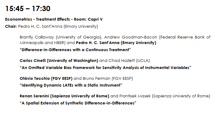 Then, in the afternoon, there is a must-go session about Microeconometrics! @pedrohcgs, @analisereal, Tecchio and Serenini will present their super cool papers! @jmwooldridge, you may be interested in this session!