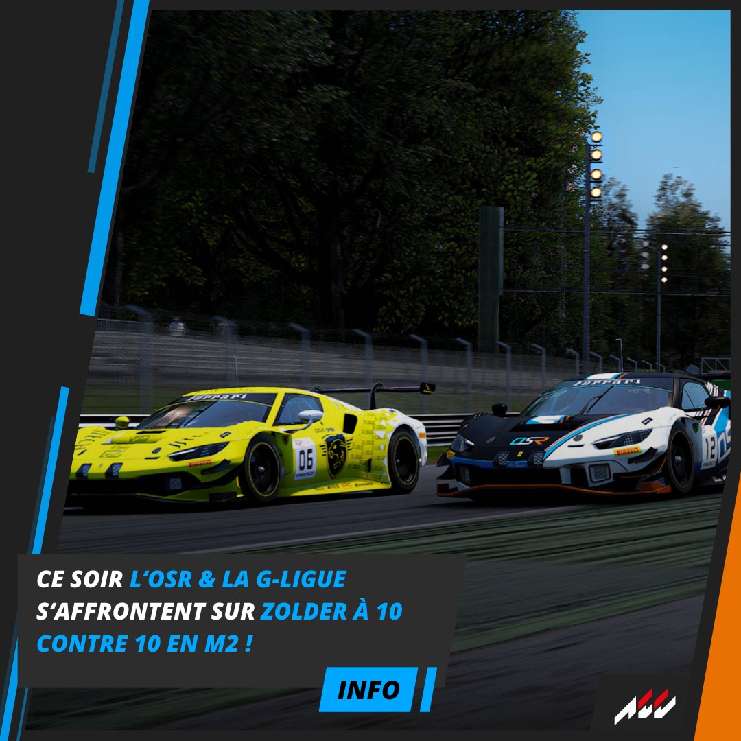 Ce soir l'équipe OSR participe à un défi qui sors de l'ordinaire, au programme 2 courses dont une avec grille inversé, sur le circuit de Zolder avec la M2 CS. Notre adversaire la @Gligue contre 10 autres pilotes.

Rendez vous sur la chaine twitch de la Gligue à 21H