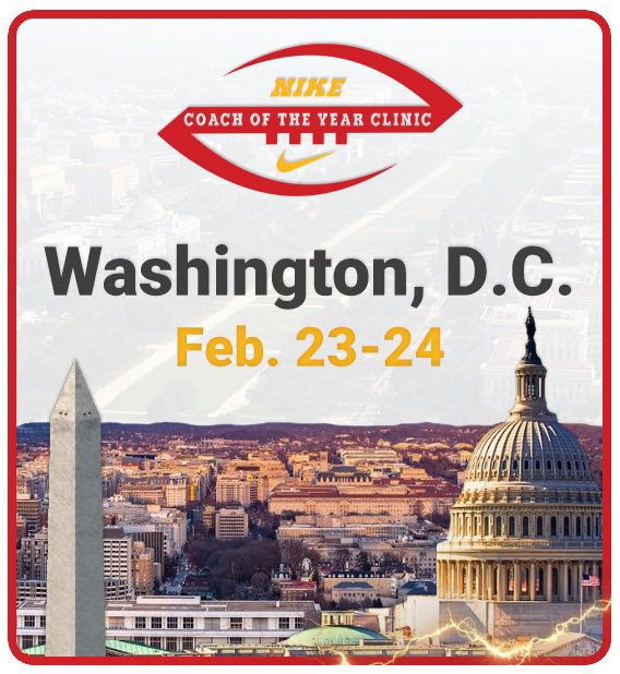 Nike’s COY Clinic will be held in Washington, DC at the Tyson’s Corner Marriott, from February 23-24. We are excited to host and have guest speakers from some of the best high school and collegiate programs in the DMV‼️ DM or email james@nikecoyfootball.com with any questions.
