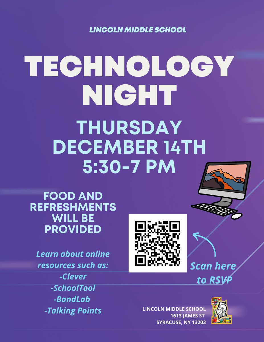 Please join us next Thursday, 12/14 for Technology Night! Come meet with teachers and learn about all the technology available to our students, while also enjoying dinner and bingo with prizes! Click this link to RSVP (required): forms.office.com/r/PSaETj9Xan