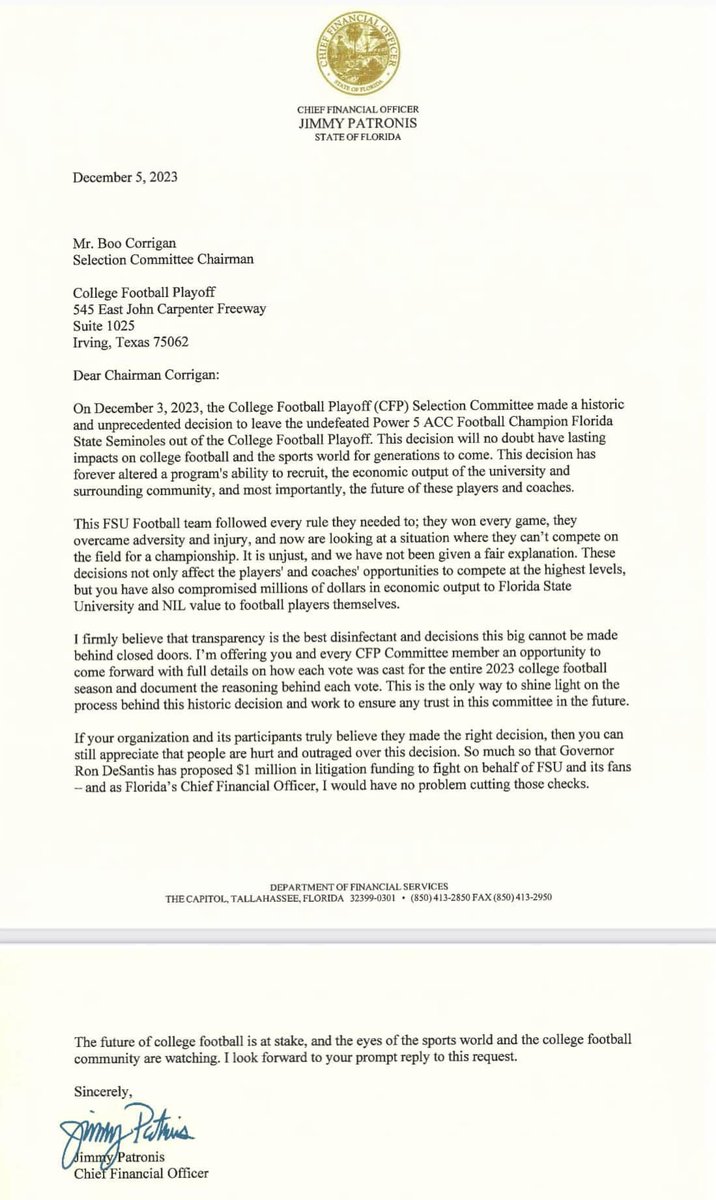 AdamRauman's tweet image. #FSUGotRobbed but the state of Florida is ready to cut checks from the $1mil litigation fund to file suit against @BooCorrigan and the #CFPCommittee @CentralNorvell @RGIII @ESPNBooger @accnetwork @jdpickell