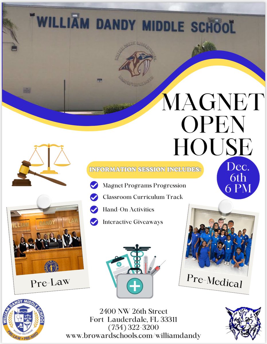 Attention Future Wildcats! Will we see you tonight? Join us for our 2023 Magnet Open House @6:00PM @browardschools @WDandyMagnet @BcpsCentral_