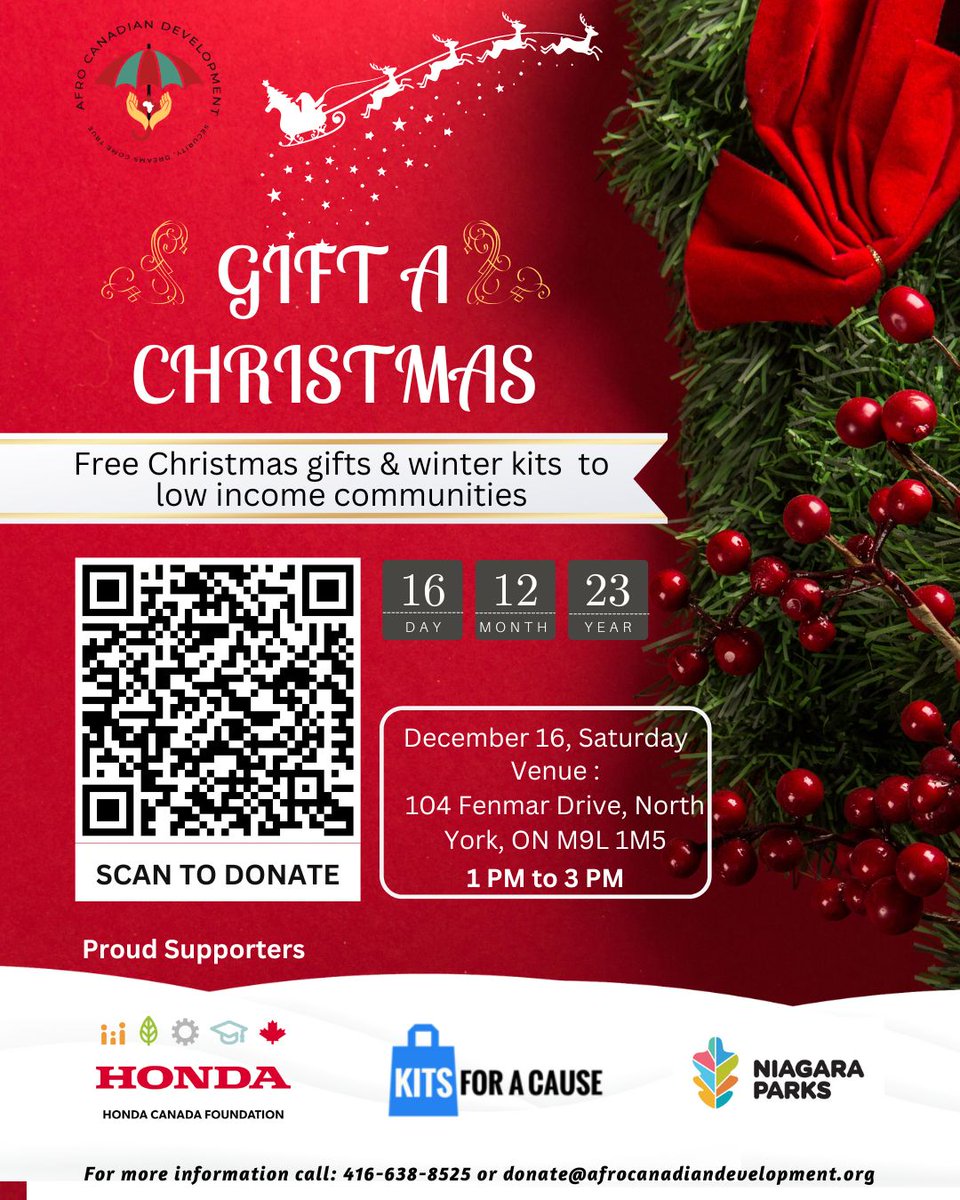 Afrocanadianinc's tweet image. Exciting news! Afro Canadian Development Inc. is hosting a Christmas Gift Event on Dec 16 2023 at 104 Fenmar Drive. Special Thanks to all our supporters. Join the festivities and our amazing raffle by purchasing tickets before Dec 15

#AfroCanadianDevelopmentInc #GiftAChristmas