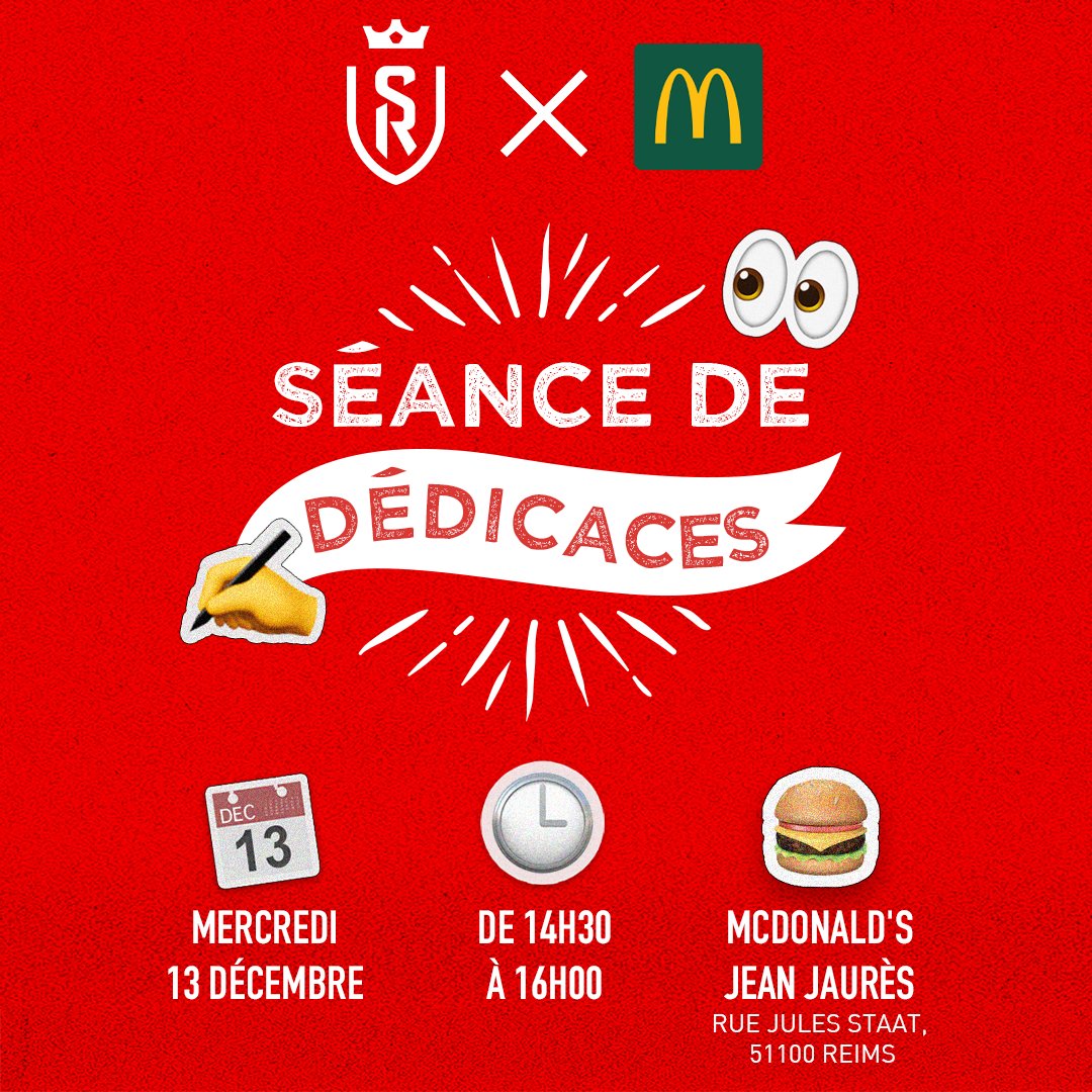 StadeDeReims's tweet photo. ⏳✍️ Dans une semaine pile, venez rencontrer plusieurs de nos Rémois au McDonald's Reims Jean Jaurès ! 🤝

En attendant de se revoir à Delaune, on vous attend nombreux pour cette séance de dédicaces ❤️🤍

📆 Mercredi 13/12 
🕟 De 14h30 à 16h

#TeamSDR