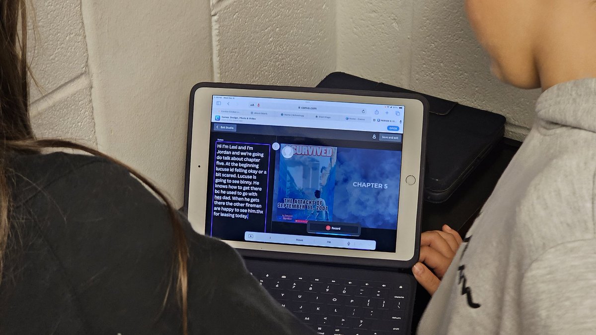 Brilliant recording studio in <a href="/CanvaEdu/">Canva Education</a> <a href="/wilmotjason/">jason</a> <a href="/tishrich/">✨Tisha Richmond✨</a> <a href="/ElisaBostwick/">Elisabeth Bostwick</a> 
These Ss are reporting on chapter summaries using a presentation design. All Ss are collaborating on the same design, recording their own summaries. <a href="/nmsteachers/">Martinsburg North Middle School</a> <a href="/RDeaversTIS/">Rachel Deavers</a> @EmAre459