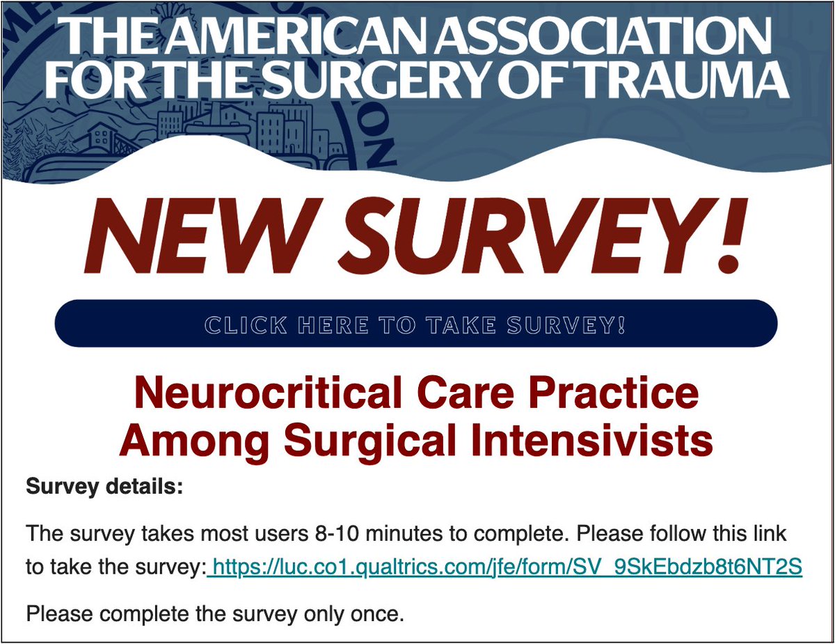 All U.S. board eligible/certified surgical critical care intensivists - please take a few minutes to fill out this survey about the new Neurocritical Care board certificate program (your NCC practice patterns and opinions about the added certification) Link to survey:…