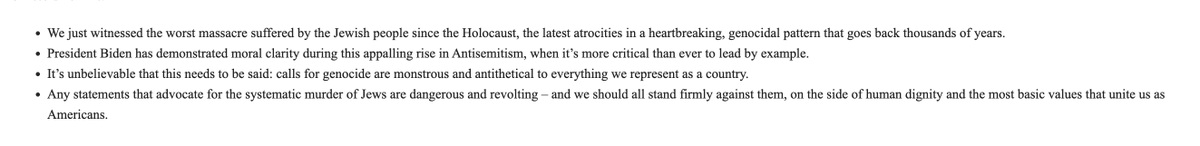 WH spokesperson Andrew Bates responds to this hearing yesterday: 'It’s unbelievable that this needs to be said: calls for genocide are monstrous and antithetical to everything we represent as a country.'