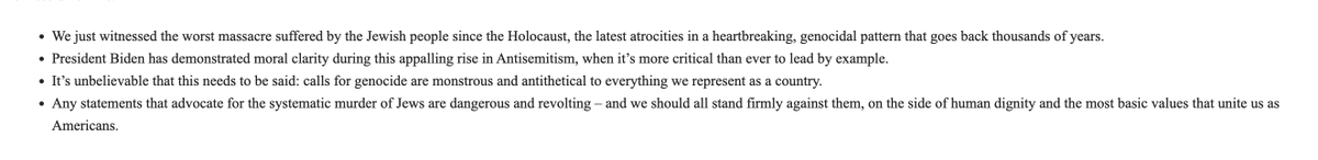 WH spokesperson Andrew Bates responds to this hearing yesterday:
"It’s unbelievable that this needs to be said: calls for genocide are monstrous and antithetical to everything we represent as a country."
