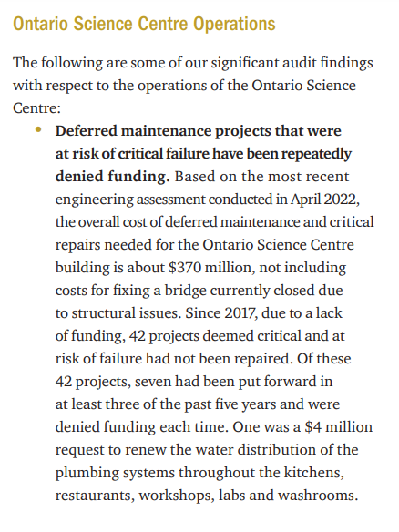 TDotResident's tweet photo. #ONpoli 

NEW:

Since 2017, 42 projects for repair work at the Ontario Science Centre have been denied funding (mostly under Doug Ford).

And then the Ford government used the lack of maintenance as justification in the business case to move the Science Centre to Ontario Place! https://t.co/qwTAWfFhDX