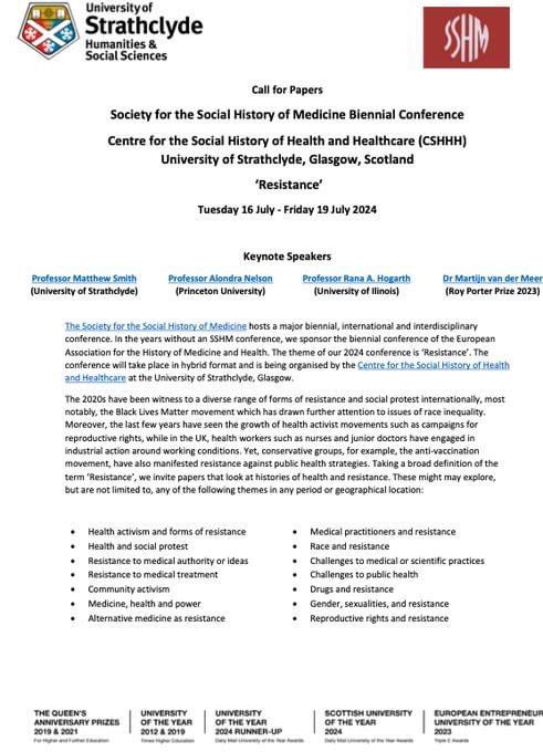 Call for papers: Society for the Social History of Medicine conference at Strathclyde 16-19 July 2024! @SSHMedicine Please submit your abstracts on the theme of 'Resistance'! to hass-resistance@strath.ac.uk by 2 February 2024