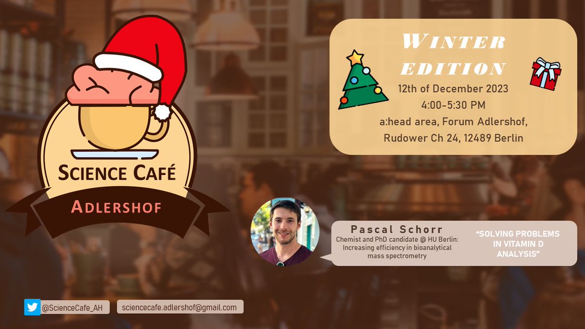 Science Café Adlershof (@sciencecafe_ah) on Twitter photo Science Café is happening again - next week December 12th #PascalSchorr from <a href="/HumboldtChem/">Humboldt Berlin Chemistry</a> will talk about #VitaminD analysis, occurring problems and what to do against it.
Come by, have a drink and Christmas cookies and ask all the questions about #VitD you ever had. Science Café is happening again - next week December 12th #PascalSchorr from <a href="/HumboldtChem/">Humboldt Berlin Chemistry</a> will talk about #VitaminD analysis, occurring problems and what to do against it.
Come by, have a drink and Christmas cookies and ask all the questions about #VitD you ever had.