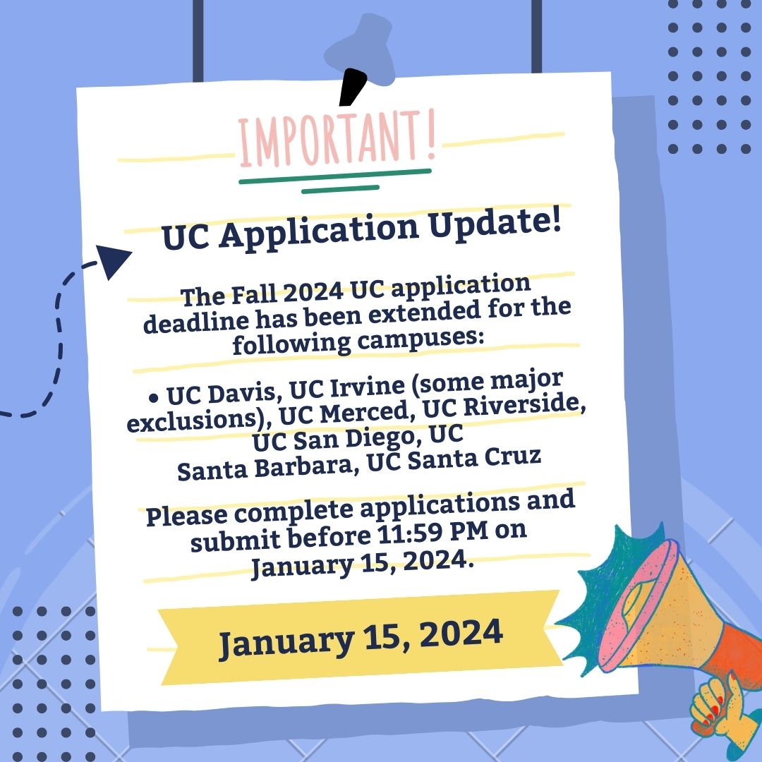 sdccdpath's tweet image. UC Davis
UC Irvine (some major exclusions)
UC Merced
UC Riverside
UC San Diego
UC Santa Barbara
UC Santa Cruz 
Have extended their UC application deadline to January 15, 2024. Submit before 11:59 PM