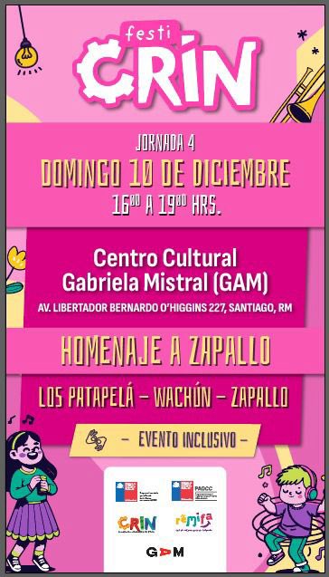 Familia zapalla!
No se pierdan este domingo 10 FESTICRIN de <a href="/CRINChile/">CRINChile</a> 
Estaremos con grandes bandas para niñ<a href="/s/">『S』</a>! 
Gratis! Desde las 16:00
Además tendremos un homenaje por los 40 años! 🧡
Les esperamos  en <a href="/centroGAM/">Centro GAM</a> !