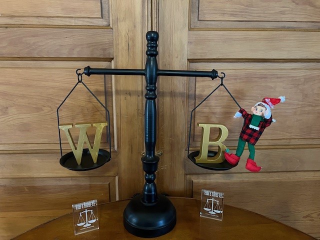 It's mid-week and Justice has jokes.  He is trying to balance the scales of justice. 🤣🟰🟰
 #wardandbarnes #calluspensacola #officeelf #accidentattorneys #scalesofjustice⚖️
